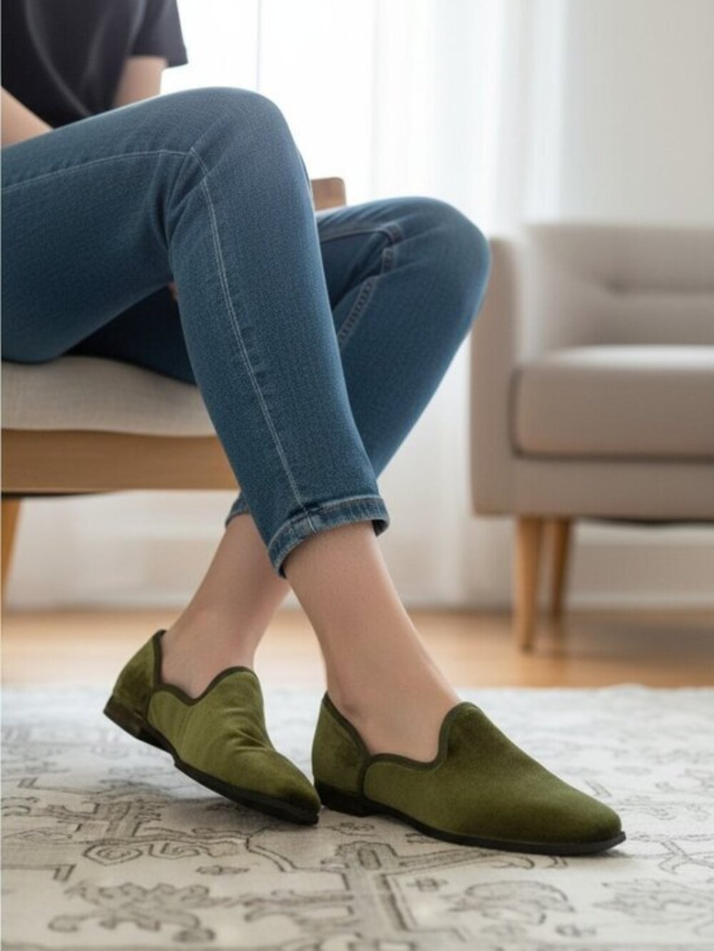 Chelsea & Violet Olive Green Velvet Slip-On Flats